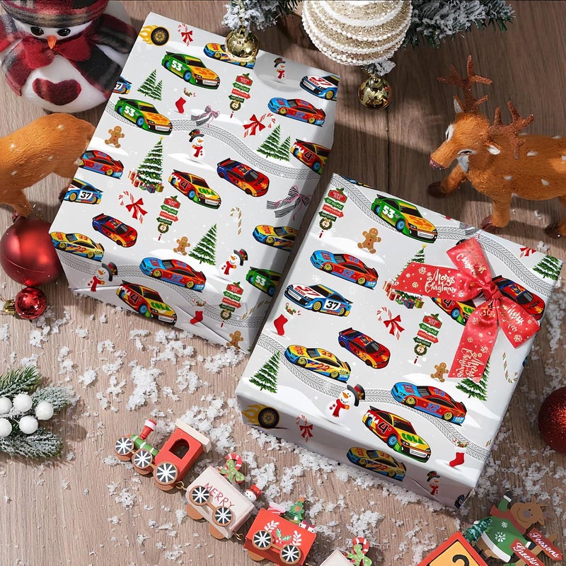 ZINTBIAL Race Car Christmas Wrapping Paper - Xmas Gift Wrap with Holiday Trees, Gingerbread Men, Snowflakes & Snowmen Design- Perfect for Kids & Adults Gift Wrapping - 40×28 Inches, 4 Folded Sheets - Image 3